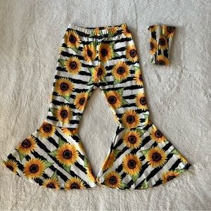 Toddler girl sunflower, striped bell bottoms with matching headband 🌻